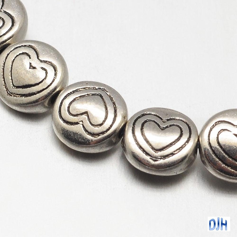 30pcs Antique Silver Heart Disc Spacer Beads Tibetan Style 6.5x3mm Hole 1mm