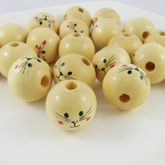 20pcs Cat Face Bead Waxed Printed Wood 20mm Hole 4.5mm