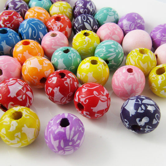 20pcs Round Floral Print Bead Wood Painted 14x13mm Hole 3mm