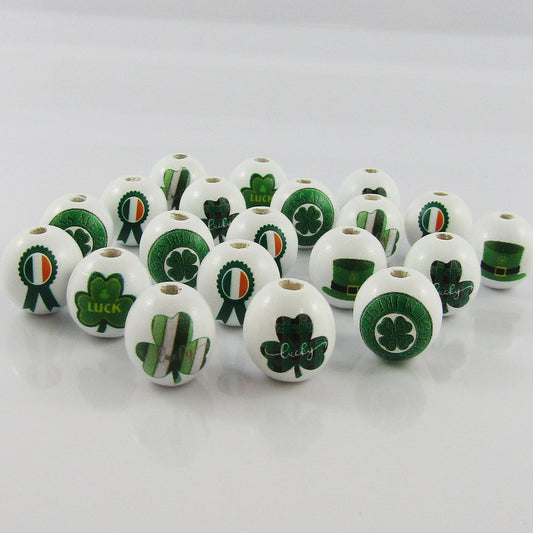 10pcs Printed Wood Round Irish St Patricks Day Theme Craft Bead 15mm Hole 3mm