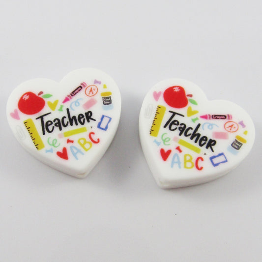 2pcs Teacher Heart Silicone Focal Bead 26x28mm Hole 2mm Beadable Pen Keychains