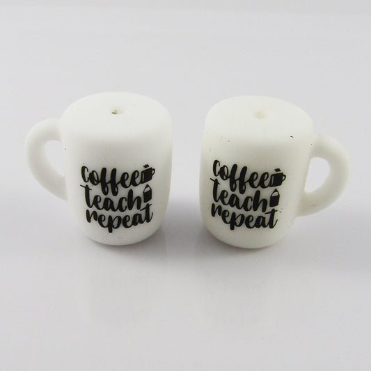 2pcs 3D Mug Coffee Teach Repeat Silicone Focal Bead 20x22mm Pen Keychains