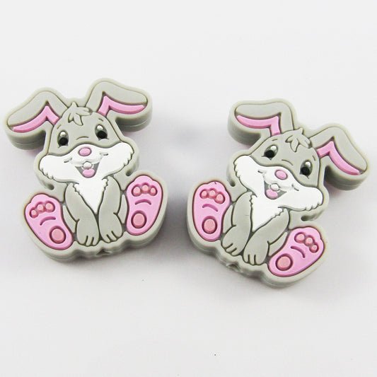 2pcs Easter Bunny Rabbit Silicone Focal Bead GREY 28x24mm Hole 2mm Pen Keychains