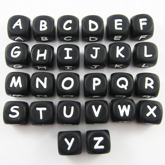 A-Z 26pc Set Black Cube Letter Silicone Bead 12mm Hole 2mm Keychains Lanyards