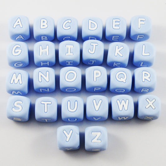 A-Z 26pc Set Blue Cube Letter Silicone Bead 12mm Hole 2mm Keychains Lanyards