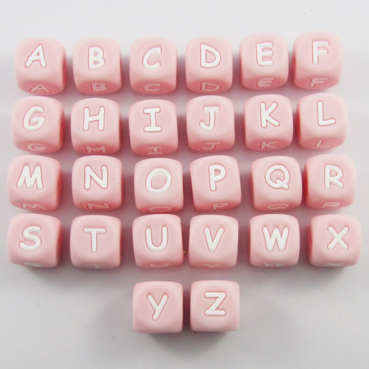 A-Z 26pc Set Pink Cube Letter Silicone Bead 12mm Hole 2mm Keychains Lanyards