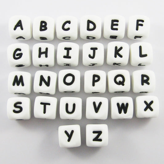 A-Z 26pc Set White Cube Letter Silicone Bead 12mm Hole 2mm Keychains Lanyards