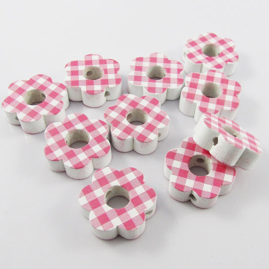 10pcs Printed Hemu Wood Pink Gingham Flower Bead Craft 22x24mm Hole 3mm