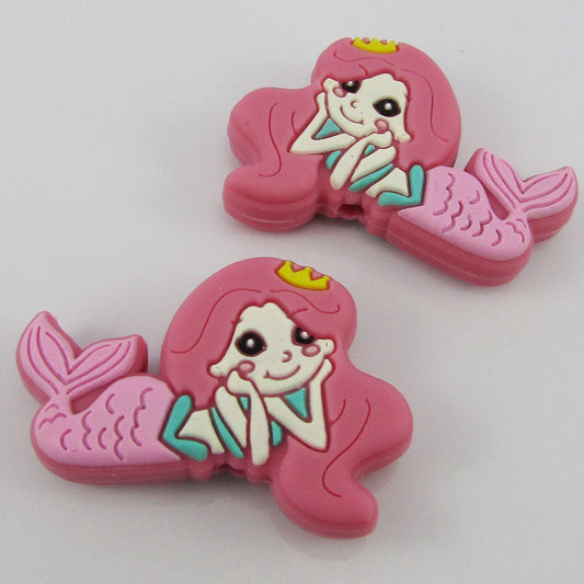 2pcs Mermaid Silicone Focal Bead Pink 26x37mm Hole 3.5mm Beadbale Pen Keychains