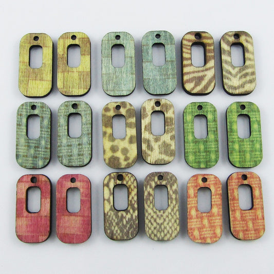 10pcs in Random Pairs Printed Wood Rounded Rectangle Charm Pendant 24x12mm