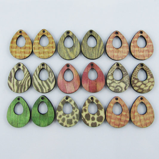 10pcs in Random Pairs Printed Wood Teardrop Charm Pendant 24x19mm