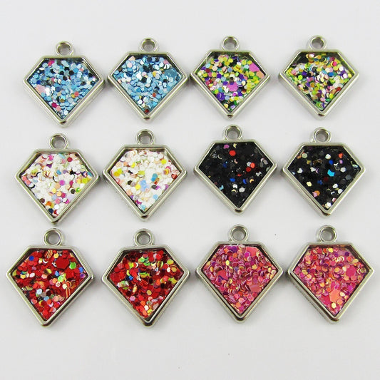 10pcs Random Pairs Silver Diamond Inlaid Glitter Charm Pendant 20x18mm ACRYLIC