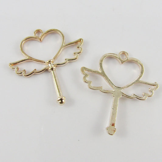 10pcs Wing Heart Fairy Wand Charm Pendant Light Rose Gold 38x35mm Open Bezel