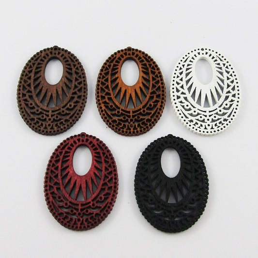 10pcs in Random Pairs Filigree Oval Charm Pendant Craft Wood 39x39mm