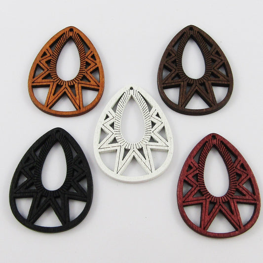 10pcs in Random Pairs Starburst Teardrop Charm Pendant Craft Wood 39x30mm