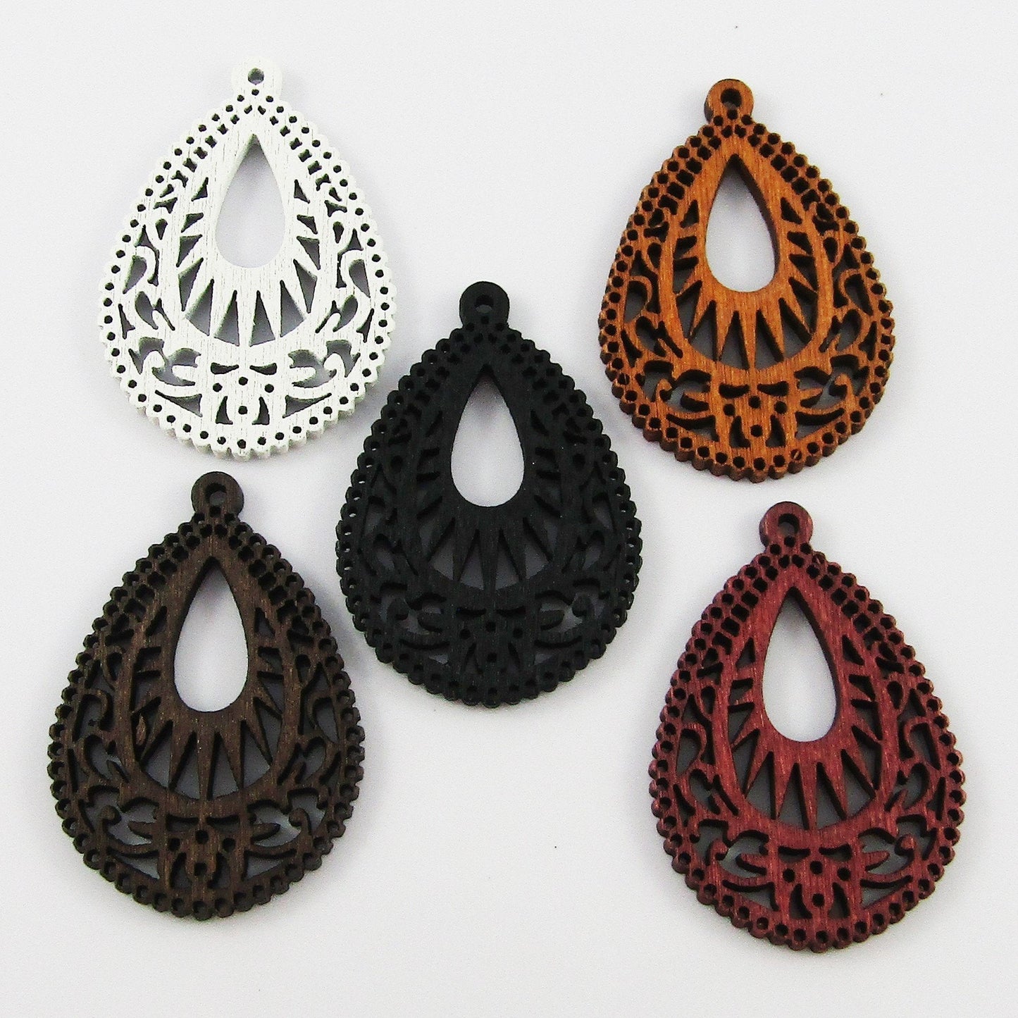 10pcs in Random Pairs Filigree Teardrop Charm Pendant Craft Wood 40x28mm