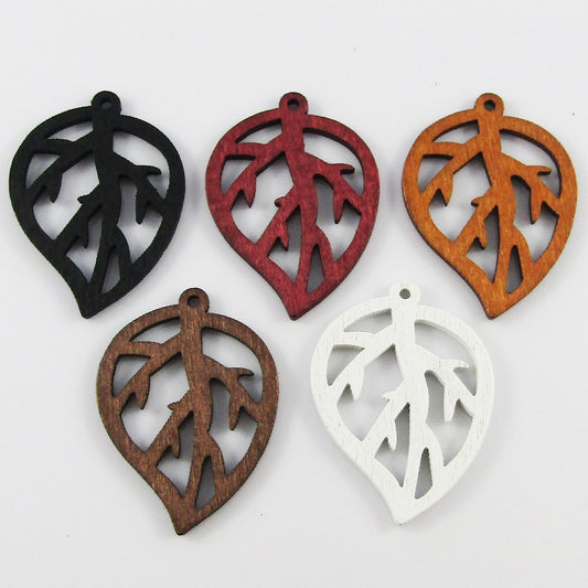 10pcs in Random Pairs Hollow Leaf Charm Pendant Craft Wood 40x29mm