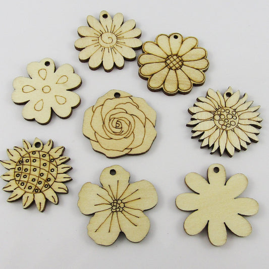 Bulk 20pcs Flower Charm Pendant Unfinished Wood 23~28x22~31x2.4mm