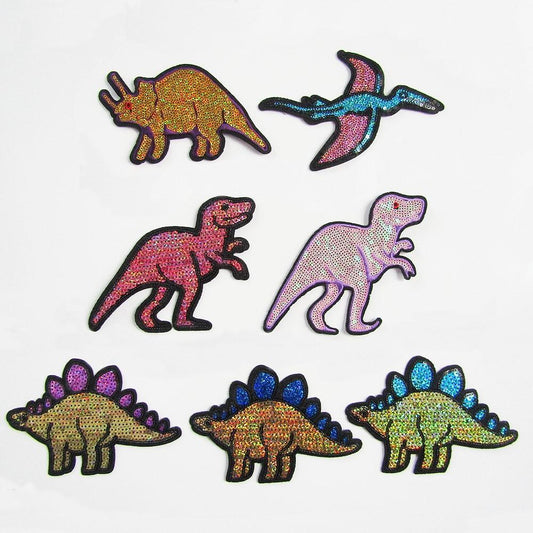 7pce Set Iron on / Sew On Dinosaurs Sequins Cloth Patches 90-120x150-161mm