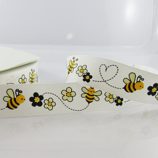 3metres Printed Heart Daisies & Bees Grosgrain Ribbon 25mm