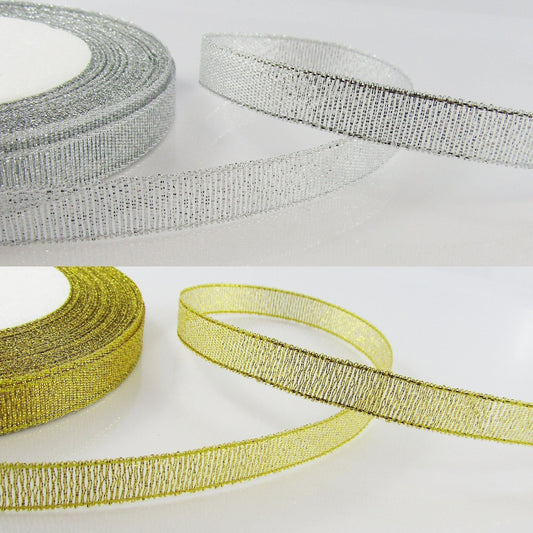 1roll (22metres) 10mm Glitter Metallic Ribbon Gold or Silver Great for Christmas