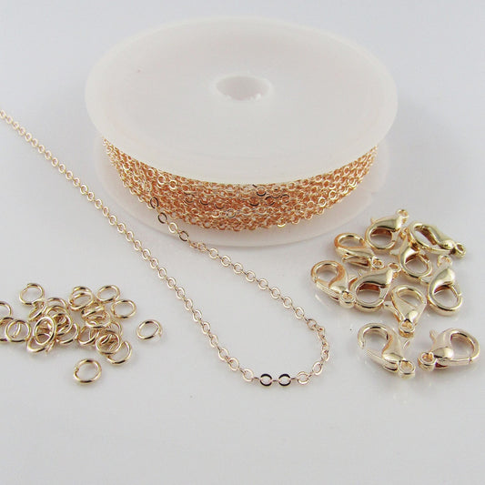 DIY 3m Cable Chain Jewellery Making Kit with Jumprings & Parrot Clasps Rose Gold