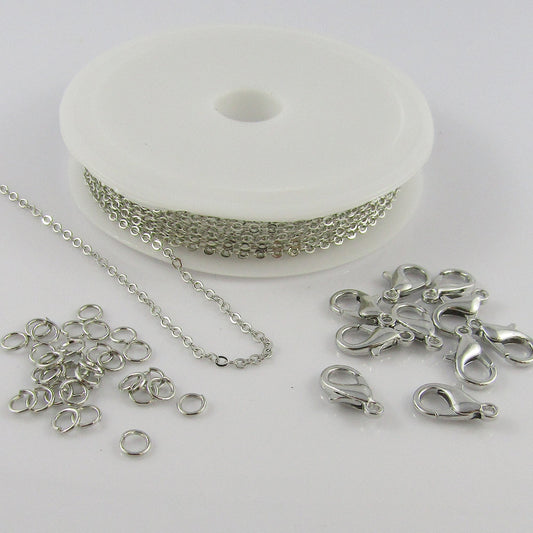 DIY 3mtr Cable Chain Jewellery Making Kit with Jumprings & Parrot Clasps SILVER