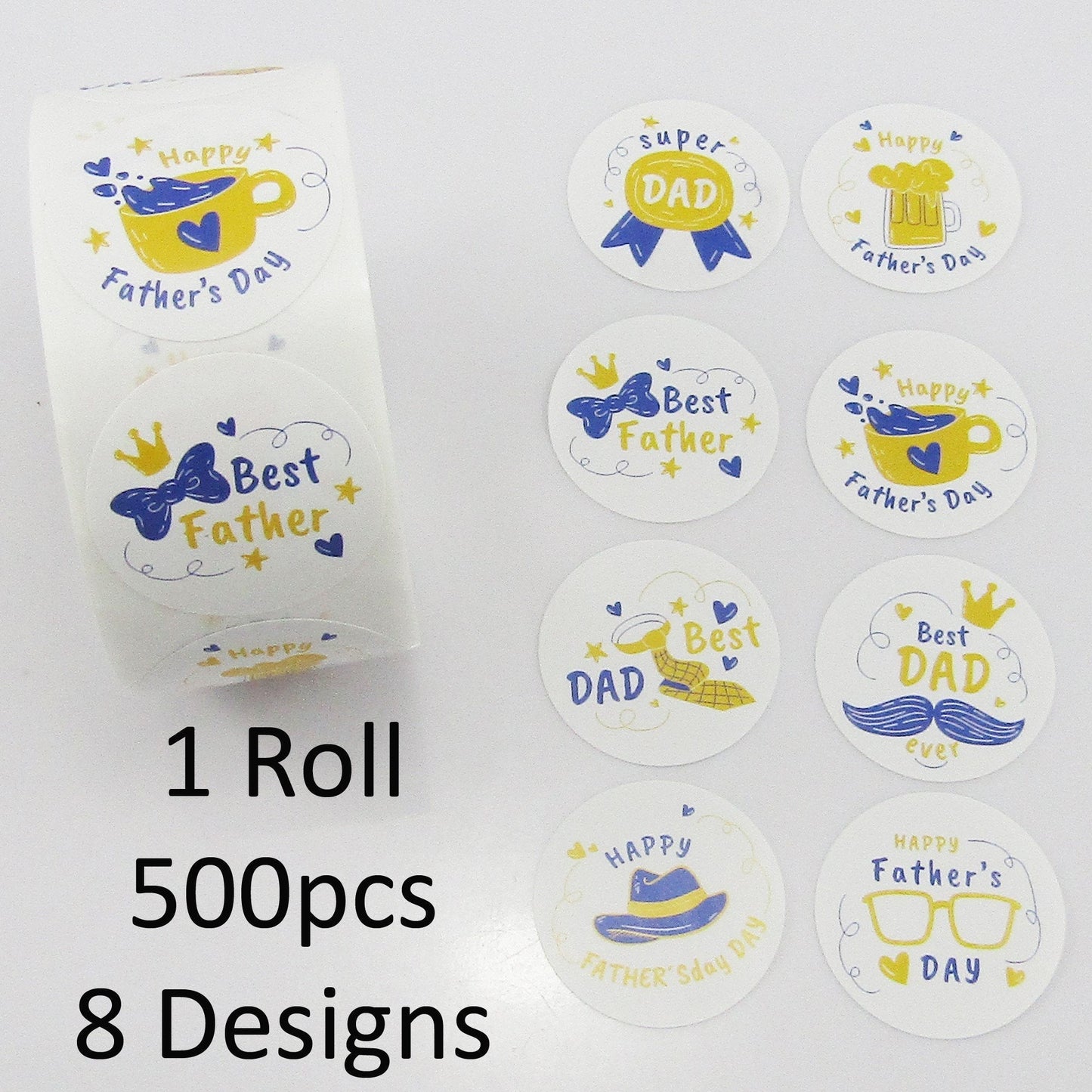 Roll of 500 Father's Day Various Designs Self Adhesive Paper Sticker Labels 25mm