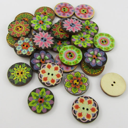 50pce Round Flower Print 2 Hole Wood Button 20mm Sewing Cards Junk Journal etc