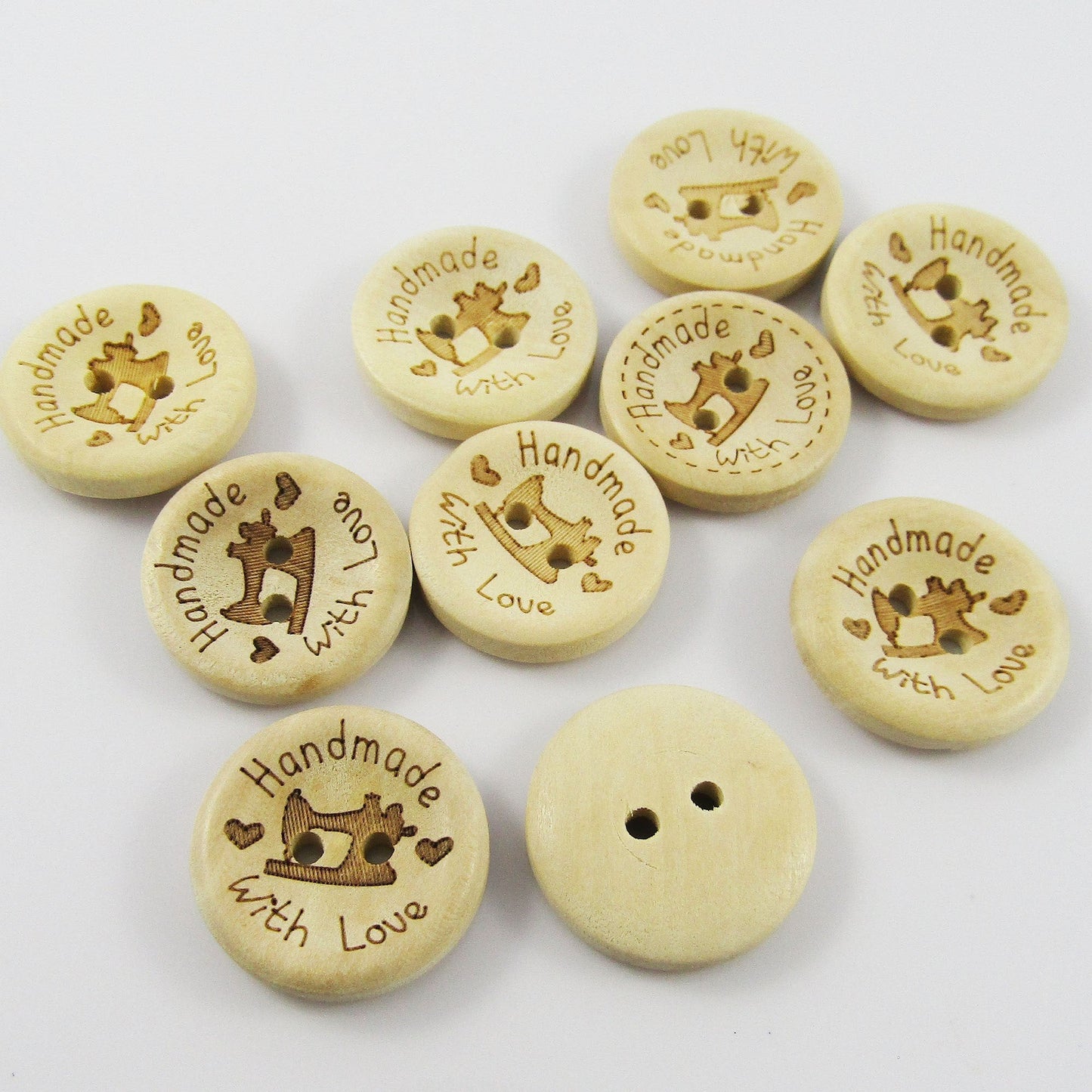 50pce Printed Hand Made with Love Sewing Machine 2 Hole Wood Button 20mm Sewing