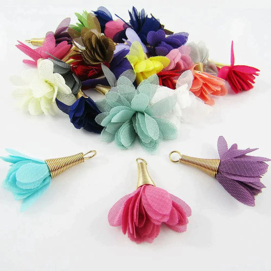 10pce (5 pairs) Chiffon Flower Tassel Gold Cap 35mm Earrings etc