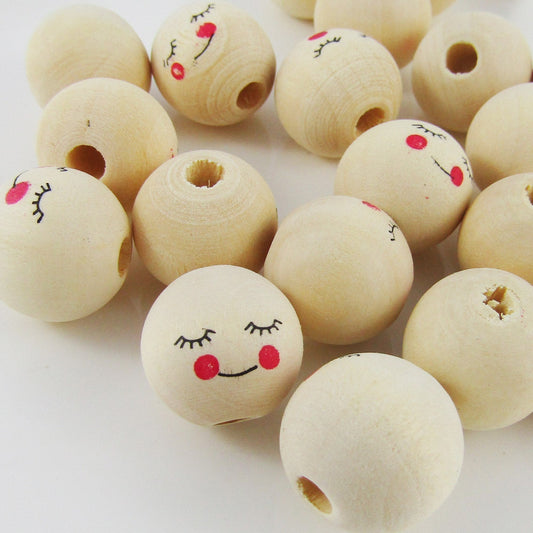 20pcs Doll Face Bead Printed Wood 15mm Hole 4mm