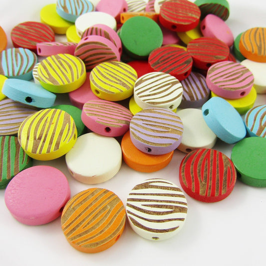 20pcs Flat Round Zebra Stripe Bead Wood Painted Laser Engraved 15x4mm Hole 1.5mm