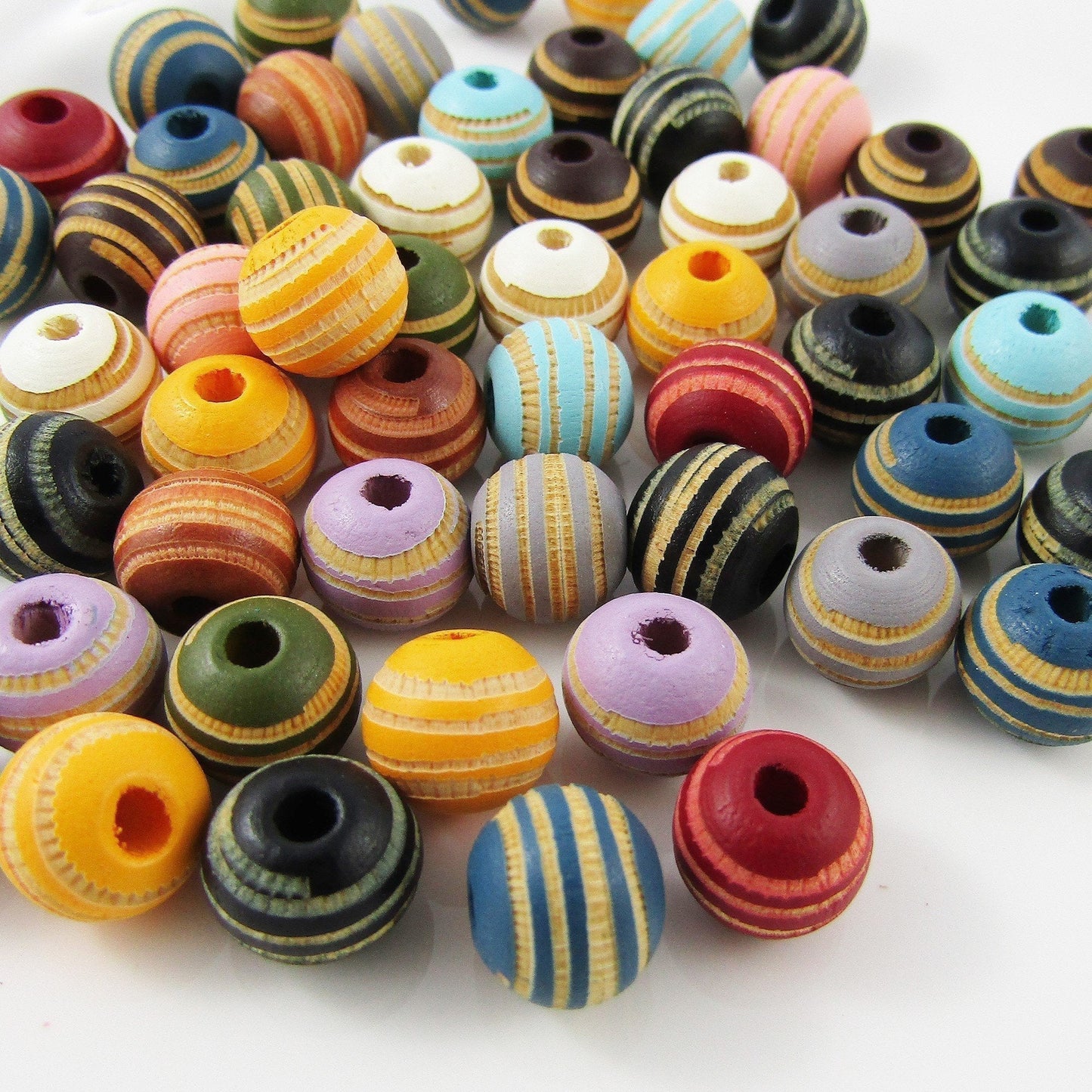 20pcs Round Zebra Stripe Bead Wood Painted Laser Engraved 10x8mm Hole 2.5mm