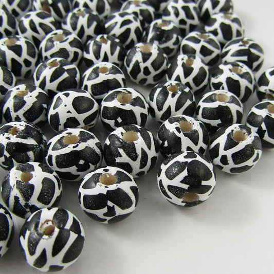 20pcs Round Black & White Print Bead Wood Painted 10x9mm Hole 2.5mm