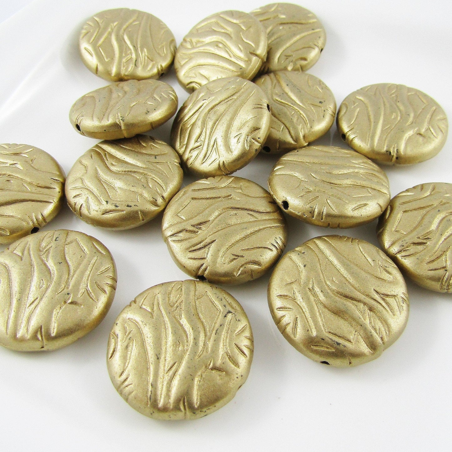 20pcs Acrylic Flat Round Textured Craft Beads Matte Gold 26x8mm Hole 1.5mm