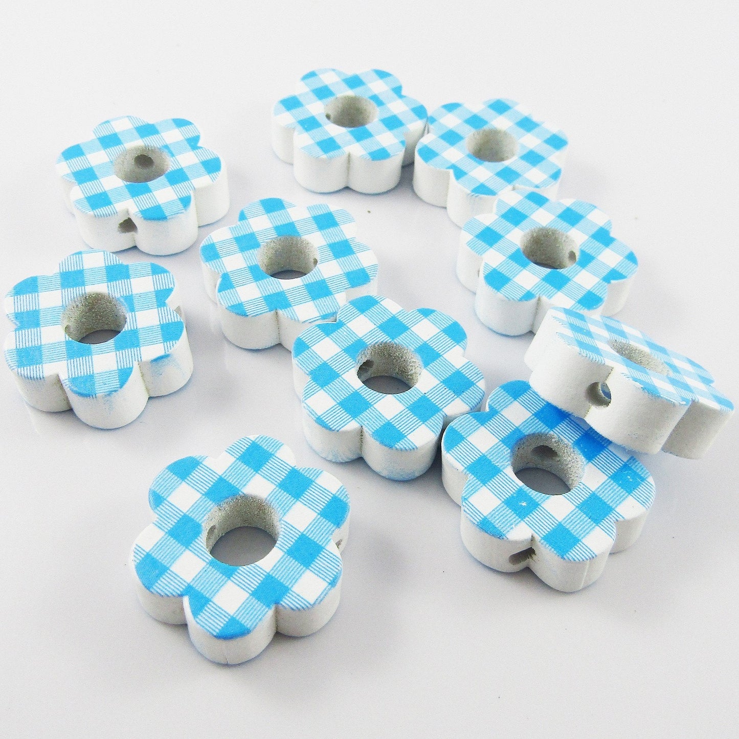 10pcs Printed Hemu Wood Blue Gingham Flower Bead Craft 22x24mm Hole 3mm