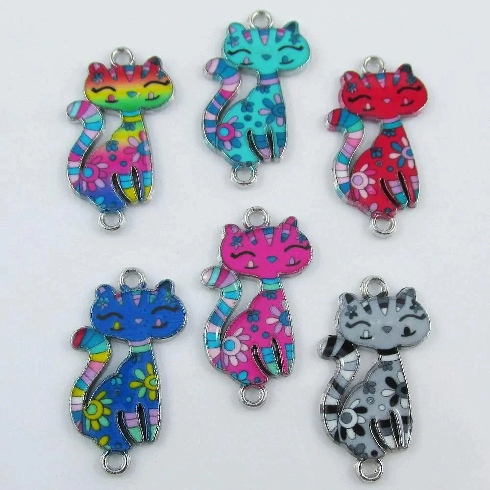 Bulk 10pcs Enamel Cat Charm Connector 29.5x16.5x2mm Hole 1.8mm