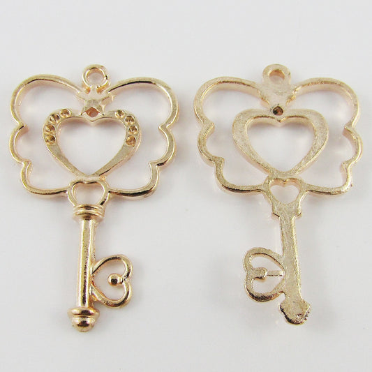 10pcs Butterfly Heart Key Charm Pendant Light Rose Gold 38x23mm Open Bezel