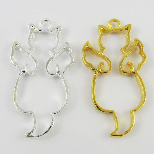 10pcs Angel Kitty Cat Charm Pendant 37x17mm Open Bezel Pick Gold or Silver