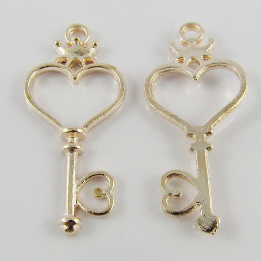 10pcs Princess Heart Key Charm Pendant Light Rose Gold 39x18mm Open Bezel