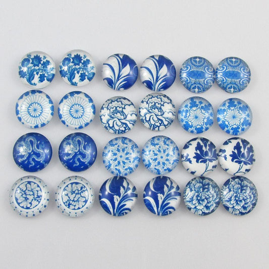 Glass Dome Blue & White Cabochon 12mm Select 10 or 20 pieces in random pairs