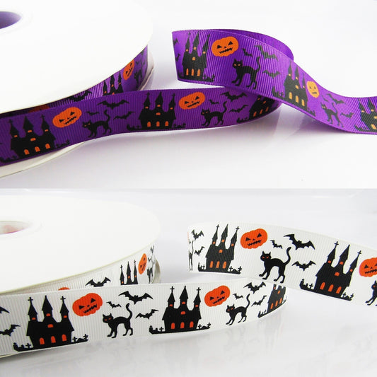 3metres Halloween Print Haunted House Grosgrain Ribbon 25mm Select Colour