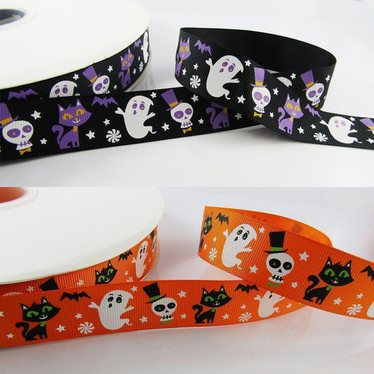 3metres Halloween Print Ghost Cat Skeleton Grosgrain Ribbon 25mm Select Colour