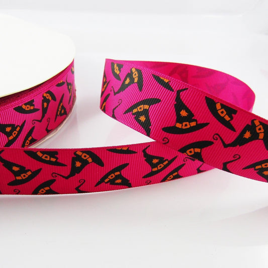 3metres Halloween Print Witch Hat Grosgrain Ribbon 25mm White