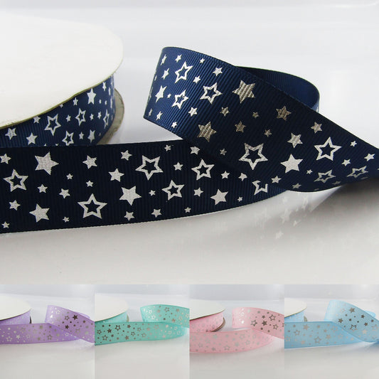 3metres Printed Silver Star Grosgrain Ribbon Single Face 25mm Select Colour