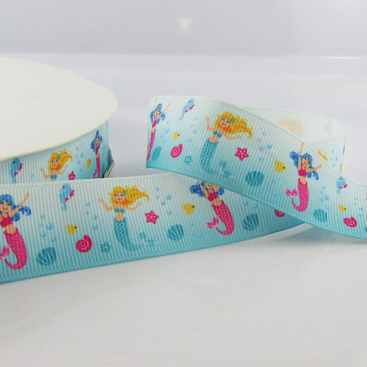 3metres Printed Mermaids Grosgrain Ribbon 25mm