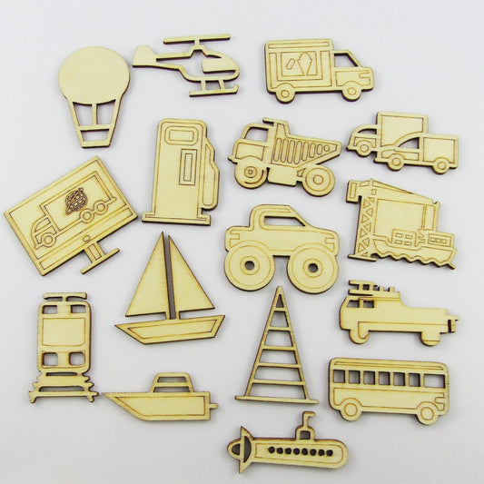 20pcs Laser Cut Wood Transport Toys Cabochons Scrapbooking Cards & More!