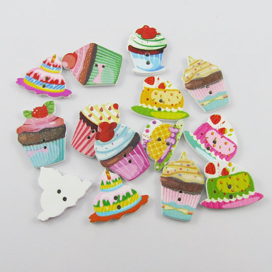 20pce Sweet Treats 2 Hole Wood Button 15-27mm x 18-25mm Sewing Cards Journal