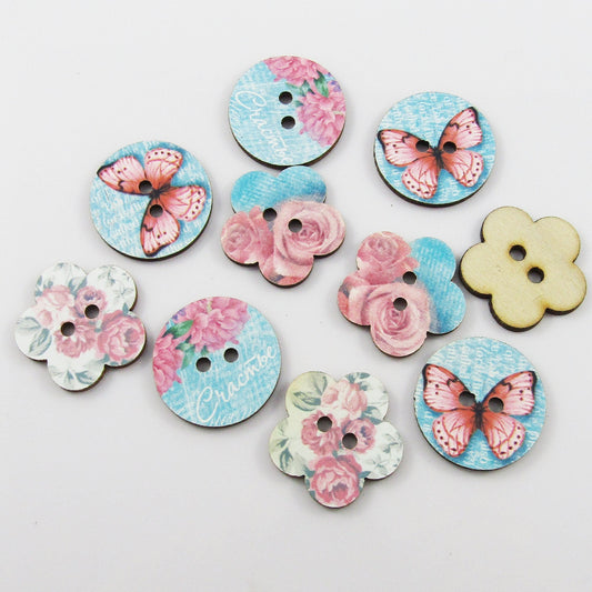 20pce Butterfly Flowers 2 Hole Wood Button 24mm Sewing Cards Junk Journal